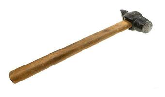 front view of old hammer with wooden handle cutout photo