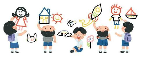 Cartoon kids student drawing on wall vector