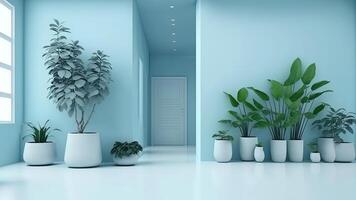 3d realistic room interior with potted plants on the floor. Pastel blue and white walls. . photo