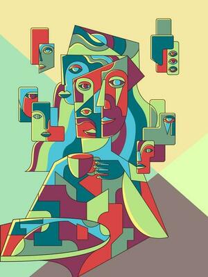 illustration of woman drinking coffee in colorful cubism style, cubism art portrait, abstract