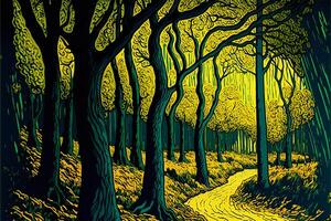 A Contrast Painting of a Path Through a Forest With a Yellow Background and Green Trees. Illustration That Parodies Van Gogh'S Artistic Style. photo