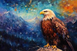 A Painting of a Bald Eagle Perched on a Rock on a Background of Mountains. Artistic Illustration with Bright Colors Parodying Oil Painting on Canvas. photo