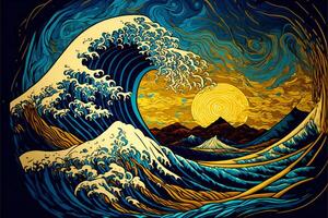 Picture of the Sea with Big Waves, Sun and Mountains in the Background. A Colorful Illustration with a Swirling Pattern Similar to Van Gogh's Patterns. photo
