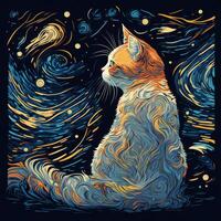 A Ginger Cat Sitting on the Background of the Night Sky and Looking at the Stars. Artistic Illustration in the Style of Van Gogh with Orange and Blue Color Scheme. photo