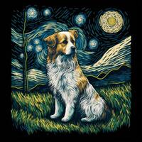 Van Gogh's Dog Sitting in the Grass Field with the Starry Night Sky in the Background. Illustration in Post-impressionism Art Style. photo