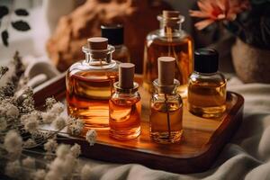 Aromatherapy oil in glass bottles on a wooden tray, selective focus. illustration. photo