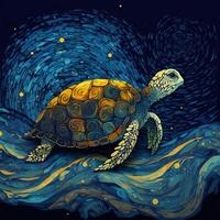 Sea Turtle Under Starry Night Sky - Van Gogh Style Illustration photo