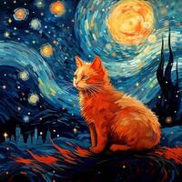 A Painting of a Ginger Cat Sitting on Top of a Hill on the Background of the Night Sky. Parody on Vincent Van Gogh Illustration for Wall Art and Cafe Decor. photo