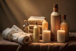 Spa still life with candles and towels on a brown background. illustration. photo