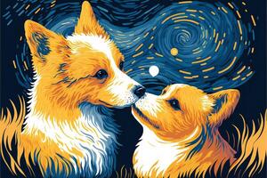 Starry Night with Corgis - Colorful Illustration in Van Gogh Styl photo