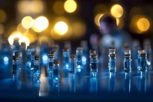 Group of medical ampules with vaccine on a blue background, selective focus with bokeh. illustration. photo