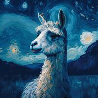 A Painting of a Llama With the Starry Night Sky Behind It. Illustration That Parodies Van Gogh'S Artistic Style. photo