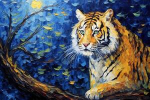 A Tiger in the Night Forest next to a Fallen Tree and Full Moon on Background. Illustration in Bright Colors with Hard Brush Strokes for Wall Art and Home Decor. photo