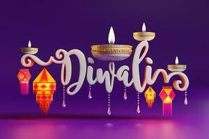 3D rendering for diwali festival Diwali, Deepavali or Dipavali the festival of lights india with gold diya on podium, patterned and crystals on color Background. photo