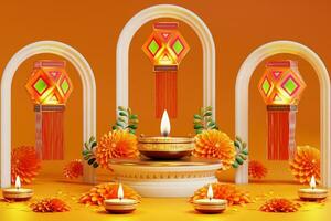 3D rendering for diwali festival Diwali, Deepavali or Dipavali the festival of lights india with gold diya on podium, patterned and crystals on color Background. photo