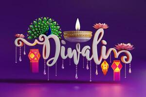 3D rendering for diwali festival Diwali, Deepavali or Dipavali the festival of lights india with gold diya on podium, patterned and crystals on color Background. photo