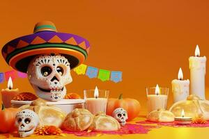 3D rendering for Day of the Dead, Dia de muertos altar concept. Composition of cute sugar skulls, white candles, marigold flowers, pan de muerto, cactus, guitar of the dead. 3d illustration photo