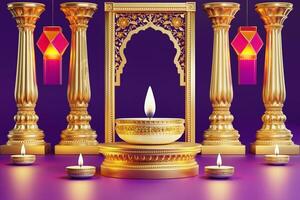 3D rendering for diwali festival Diwali, Deepavali or Dipavali the festival of lights india with gold diya on podium, patterned and crystals on color Background. photo