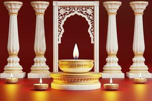 3D rendering for diwali festival Diwali, Deepavali or Dipavali the festival of lights india with gold diya on podium, patterned and crystals on color Background. photo