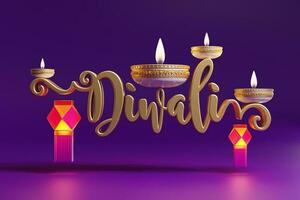 3D rendering for diwali festival Diwali, Deepavali or Dipavali the festival of lights india with gold diya on podium, patterned and crystals on color Background. photo