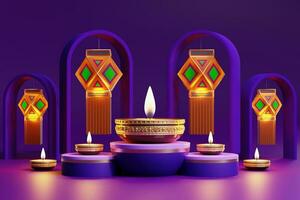 3D rendering for diwali festival Diwali, Deepavali or Dipavali the festival of lights india with gold diya on podium, patterned and crystals on color Background. photo