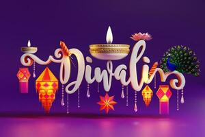 3d representación para diwali festival Día de la Independencia, deepavali o dipavali el festival de luces India con oro diya en podio, estampado y cristales en color antecedentes. foto