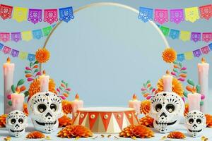 3D rendering for Day of the Dead, Dia de muertos altar concept. Composition of cute sugar skulls, white candles, marigold flowers, pan de muerto, cactus, guitar of the dead. 3d illustration photo