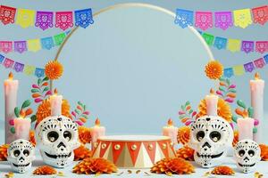 3d representación para día de el muerto, dia Delaware muertos altar concepto. composición de linda azúcar calaveras, blanco velas, maravilla flores, pan Delaware muerto, cactus, guitarra de el muerto. 3d ilustración foto