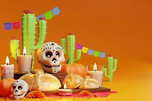 3D rendering for Day of the Dead, Dia de muertos altar concept. Composition of cute sugar skulls, white candles, marigold flowers, pan de muerto, cactus, guitar of the dead. 3d illustration photo