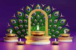 3D rendering for diwali festival Diwali, Deepavali or Dipavali the festival of lights india with gold diya on podium, patterned and crystals on color Background. photo