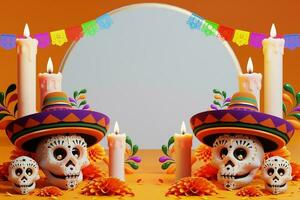 3D rendering for Day of the Dead, Dia de muertos altar concept. Composition of cute sugar skulls, white candles, marigold flowers, pan de muerto, cactus, guitar of the dead. 3d illustration photo