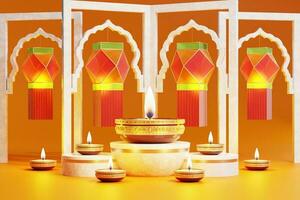 3D rendering for diwali festival Diwali, Deepavali or Dipavali the festival of lights india with gold diya on podium, patterned and crystals on color Background. photo