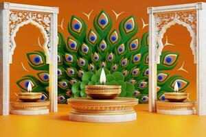 3D rendering for diwali festival Diwali, Deepavali or Dipavali the festival of lights india with gold diya on podium, patterned and crystals on color Background. photo