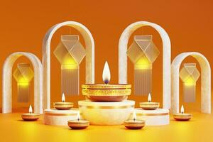 3D rendering for diwali festival Diwali, Deepavali or Dipavali the festival of lights india with gold diya on podium, patterned and crystals on color Background. photo