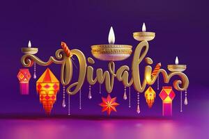 3D rendering for diwali festival Diwali, Deepavali or Dipavali the festival of lights india with gold diya on podium, patterned and crystals on color Background. photo