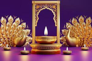 3D rendering for diwali festival Diwali, Deepavali or Dipavali the festival of lights india with gold diya on podium, patterned and crystals on color Background. photo