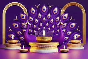 3D rendering for diwali festival Diwali, Deepavali or Dipavali the festival of lights india with gold diya on podium, patterned and crystals on color Background. photo