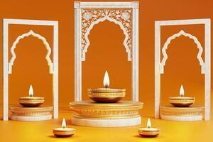 3D rendering for diwali festival Diwali, Deepavali or Dipavali the festival of lights india with gold diya on podium, patterned and crystals on color Background. photo