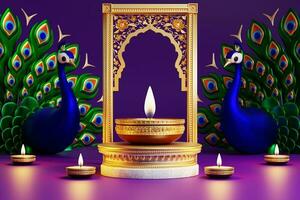 3D rendering for diwali festival Diwali, Deepavali or Dipavali the festival of lights india with gold diya on podium, patterned and crystals on color Background. photo