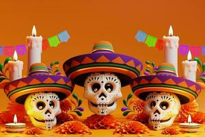 3d representación para día de el muerto, dia Delaware muertos altar concepto. composición de linda azúcar calaveras, blanco velas, maravilla flores, pan Delaware muerto, cactus, guitarra de el muerto. 3d ilustración foto