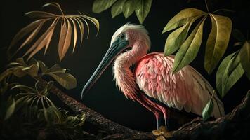 Flamingo beautifully captured in a colorful, floral-filled portrait, . photo