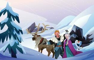 Queen And Prince In The Snow Hills With Snowman And An Elk Background vector