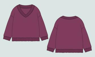 V- neck long sleeve sweatshirt technical drawing fashion flat sketch vector illustration violet color template for women's