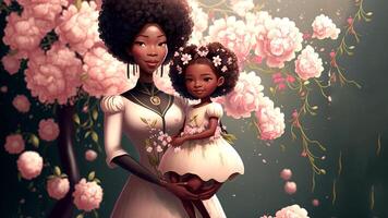 An intimate realistic illustration showing a pregnant african woman and surrounded by beautiful flowers, nature, offering an emotion of peace and connection. photo