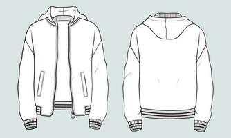 Long sleeve hoodie technical drawing fashion flat sketch vector illustration template front and back views