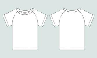 corto manga raglán t camisa técnico Moda plano bosquejo vector ilustración modelo frente, espalda puntos de vista aislado apagado blanco antecedentes. básico vestir diseño burlarse de arriba.