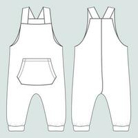 All in one dungaree bodysuit technical drawing fashion flat sketch vector illustration template for kids