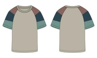 Raglan Short sleeve t shirt vector illustration Khaki color template front and back views isolated on white background