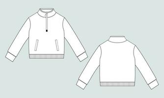 Long sleeve jacket with pocket and zipper technical fashion flat sketch vector illustration template front and back views. Fleece jersey sweatshirt jacket for men's and boys.