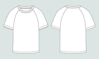 Short sleeve Raglan T shirt technical fashion flat sketch vector Illustration template front, back views isolated Off white Background. Basic apparel Design Mock up.